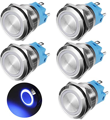 GUNGY Wasserdichter Druckschalter 12V-24V 3A 19mm 5-Pin Momentantaster mit Blauer Ring LED Beleuchtung Messing Taster Schalter für Auto Boot Motorrad 5 Stück
