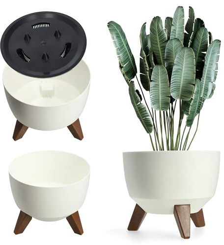 KADAX Maceta Decorativa de Plástico con Soporte Integrado, Macetero con Tres Patas de Imitación Madera para Interior y Exterior (Blanco, 33 cm)