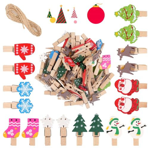 50 Stück Mini Weihnachten Holzklammern, 3.5cm holzklammern Klein, Weihnachten Wäscheklammern, Dekoklammern mit 2m Hanfseil, für Fotos Weihnachten Deko Postkarten | 3.5cm Weihnachten Dekoklammern mit 2m Hanfseil, für Fotos Weihnachten Deko Postkarten