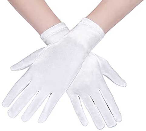 Feelorna Kurze Opernhandschuhe, Handgelenk Länge Abend Satin Handschuhe, Vintage Formal Fancy Dress Handschuhe Frauen Fäustlinge für Hochzeit Prom Opera Party (Weiß)