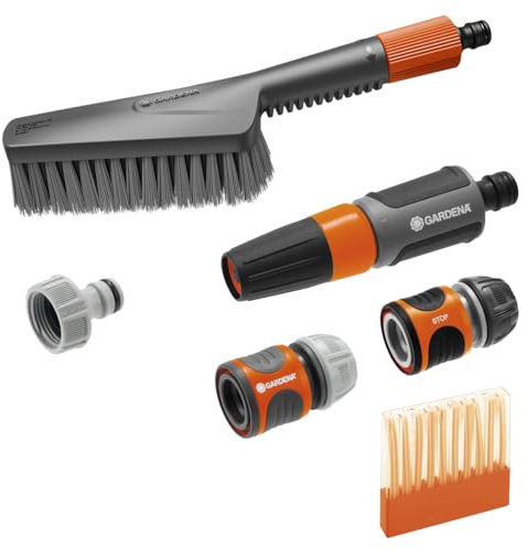 Gardena Cleansystem Grundausstattung S soft: Reinigungsbürste, Reinigungssticks und Anschlussarmaturen, zur Nassreinigung von kleineren, empfindlichen Oberflächen (18862-20)