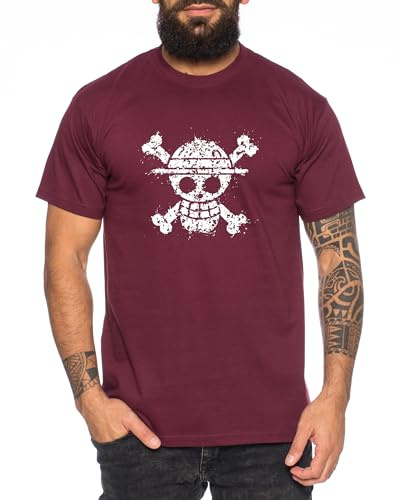 Logo Used - Herren T-Shirt Straw Hat Luffy Zoro One Monkey D. Pirat Ace Piece Goku Anime Ruffy, Größe:XL, Farbe:Weinrot