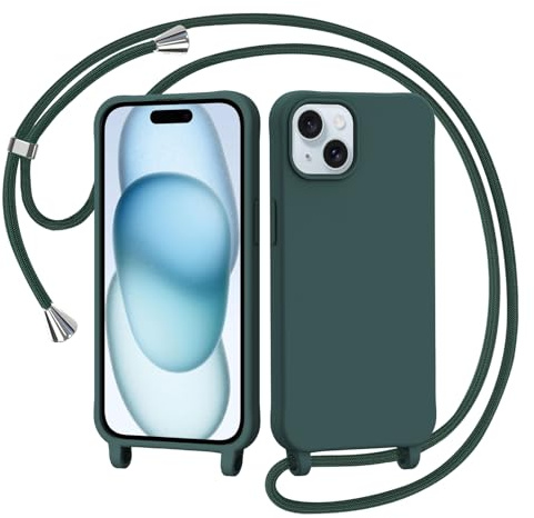 AOMYKE Handyhülle für iPhone 15 Hülle mit Band, Handyband iPhone 15 Hülle zum Umhängen Schutzhülle mit Kette Kordel Weich TPU Liquid Silikon Case， Grün