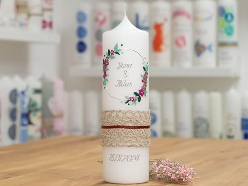 meinkerzenshop Hochzeitskerze Sevilla personalisiert mit Namen und Datum, individuell und mit Echtwachs handverziert