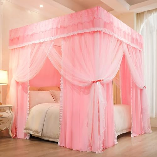 ZYJIX 4 Eckpfosten-betthimmel Für Mädchenbett, Erwachsenenschlafzimmer, Kinderzimmer; Moskitonetz-vorhangnetz Für Twin-/Full-/Queen-/King-Size-betten(Size:California King,Color:Einfarbiges Rosa)