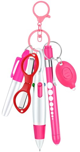 MotiMind 6 Pcs Nurse Pen Set Include Permanent Marker Pen Retractable Ballpoint Pen Keychain Clip Foldable Scissors Lights LED Flashlight Keychain for Nurse Accessories(Pink)