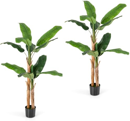 TANGZON 165CM/195CM Artificial Banana Tree, Faux Bird of Paradise Palm Tree in Pot with 10/27 Leaves, Indoor Outdoor Evergreen Potted Fake Plants for Home Office Decoration (2, 165CM, 2 Trunks)