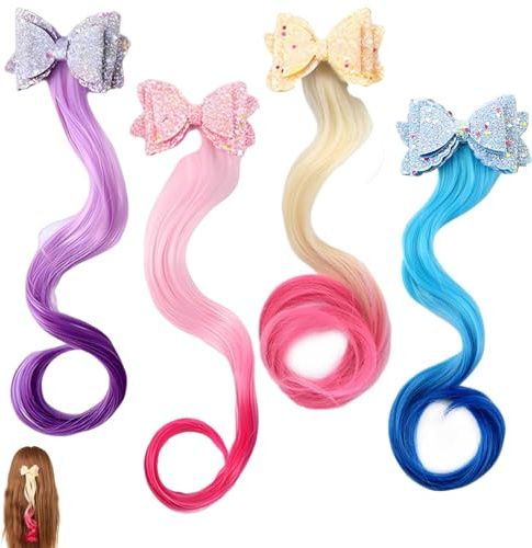SRTSTR 4 Pezzi Capelli Colorate Con Forcina Extension Capelli Clip Finti Riccioli Ragazza Parrucca Capelli Accessori Colori Sfumati Fiocco Forcina per Feste Compleanno Trucco Quotidiano (4 Colori)