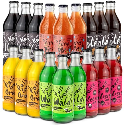 Brauerei Zwönitz Limonaden Mix - 18er Pack mit 6 Sorten je 0,33 Liter | Glasflaschen mit Fassbrause, Orangen Limonade, Kola, Kola mietz Orange & Eistee Pfirsich - Erfrischungsgetränke aus Sachsen