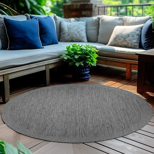 HomebyHome In- & Outdoor Teppich Wetterfest 120 cm Rund Einfarbig Schwarz - Waschbar, Wasserfest, Pflegeleicht und Flachgewebe - Ideal für Balkon, Garten, Terrasse und als Küchenteppich