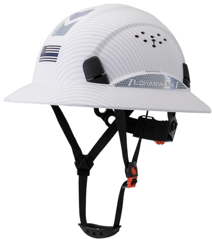 LOHASWORK Full Brim Hard Hat Construction OSHA Approved Vented Hard Hat Cascos De Construccion 6 Point Adjustable Ratchet Suspension Matte White Graphite Pattern