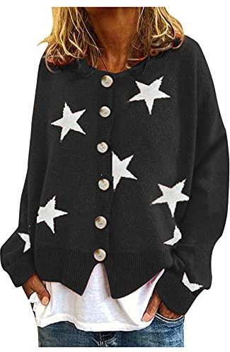 Veste Femme imprimé Étoile Tricot Doux Cardigan col Rond avec Boutons Ample Pull Hiver Chaud Chic Manche Longue Devant Ouvert Gilet Fantaisie Motif Mode Decontracte Manteau (Black, L)