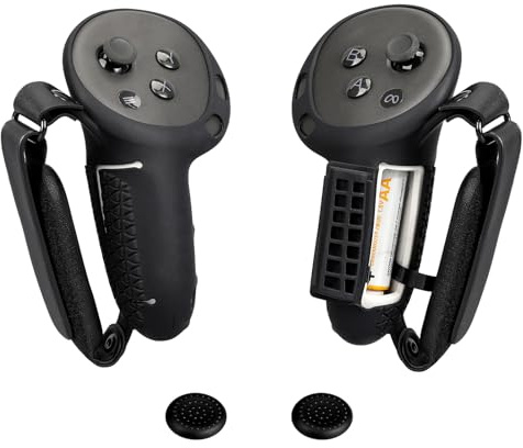 Growalleter VR Touch Controller Grips Cover for Meta Quest 3S/Quest 3 Headset Accessories, Silicone Protective Sleeve, with Adjustable Hand Strap, 1 Pair Thumb Grips & Battery Covers (Black)