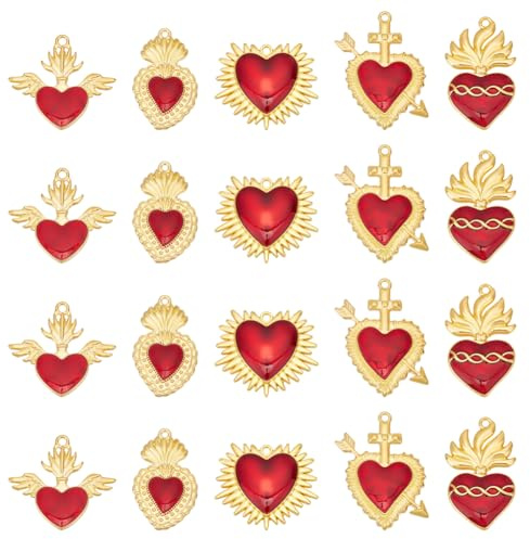 UNICRAFTALE 20 STK Herz Charm Schmuckanhänger für Schmuckherstellung | 5 Stile,Heiliges Herz,Legierung Emaille,Golden,Rotes Herz,mit Disteln Dornen,Valentinstag Bastelzubehör