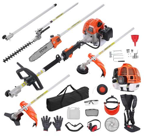 VEVOR Taille-haie à Essence 6 en 1 - Outils de Coupe Multifonctions 52 CC - Coupe-Bordures - Débroussailleuse - Coupe-Bordures - Élagueuse à Perche - Tronçonneuse - Scie à élaguer avec Barre