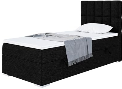 MEBLINI Boxspringbett mit Bettkasten - Gepolstert Einzelbett mit Matratze und Topper - Polsterbett mit Stauraum - Bett mit Kopfteil - Stauraumbett - Lukas - 100x200 Rechts - H3/Schwarz Webstoff