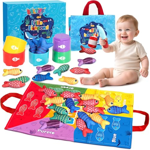 BBLTIFF Juguetes Niños 1 Año, 22 Piezas Juguetes Bebes 6-12 Meses, Juego Pescar Peces con 15 Peces Tela, 5 Taza Apilables, Bolsa, Caña de Pescar, Montessori 1 2 Año, Regalo Bebe 1 Año