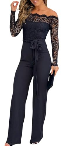 CHICME Women Off Shoulder Long Sleeve Black Jumpsuit Floral Embroidery Lace Overalls Casual Wide Leg Rompers with Belt Black-L