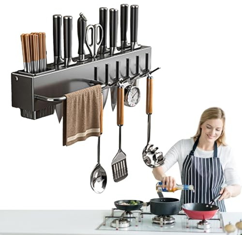 Supporto da parete per portautensili, portautensili da cucina,Scaffale per coltelli | Porta Coltelli da Cucina con Ganci Porta Utensili Multiuso da Muro Senza Foro