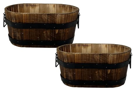 Fyne-Finds Oval Wooden Whiskey Barrel Container Planter 30cm, 12inch Home Garden Pot with Metal Handles Band Outdoor Weatherproof DrainageHoles (2)