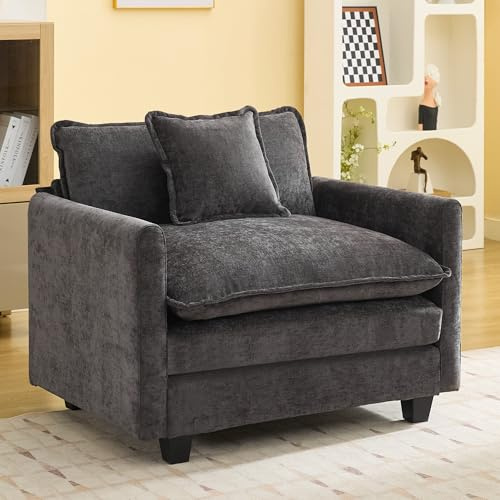 WUTUTUEE 41'' Modern Chenille Oversized Chair, Upholstered Accent Living Room Chair with Extra Thicked Deep Seat, Single Lounge Chair for Bedroom, Small Apartment, Dark Grey