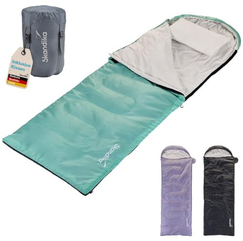 Skandika Deckenschlafsack Skye | Schlafsack 3 Jahreszeiten, mit Kissen, koppelbar, 220 x 75 cm, 250g/m² Mikrofaserfüllung, Innentasche, waschbar | Schlafsäcke Outdoor