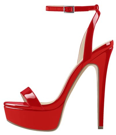 blingqueen Damen Plateau Sandalen High Heels Sandaletten Sexy Riemchensandalen mit Schnallen Stiletto Absatz Lackleder Rot 42 EU