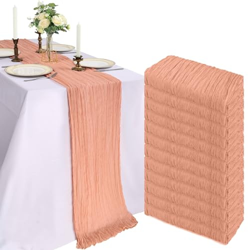 Confezione da 12 runner da tavola in garza color pesca, 3 m, lunghezza 300 cm, stile rustico bohémien, in tessuto velato, per matrimoni, feste, compleanni, matrimoni, baby shower, centrotavola estivo