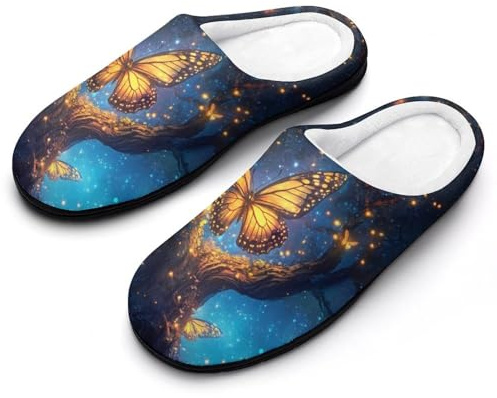 Glitter Tree Glowing Butterfly Wings Cotton Slippers for Men Memory Foam House Slippers Anti-skid Sole Indoor Outdoor Shoes 7-8（40-41）