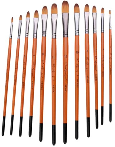 Set di 12 pennelli professionali, piatti, tondi, angolari, in nylon, legno, manici in alluminio