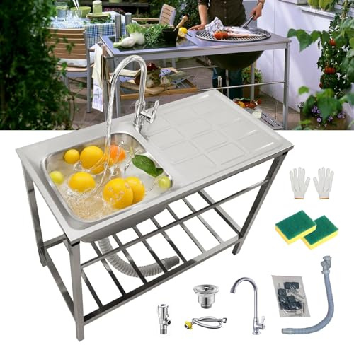 304 Edelstahl Waschbecken Outdoor Spülbecken Küche Spüle Freistehend Ausgussbecken Edelstahl Mit Armatur & Abtropffläche Waschtisch Für Keller/Bar/Hotel Gartenwaschbecken Platzeinsparung(75x40xH75cm)