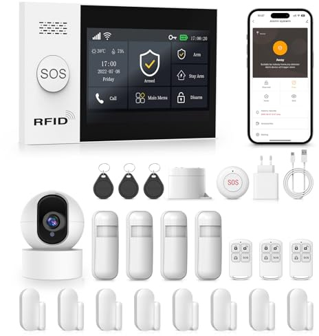 Système d'alarme Maison sans Fil 4G avec Camera,Alarme Maison Wi-FI avec Contrôle APP, Détecteur de Mouvement, Télécommandes, Capteurs de Fenêtre et de Porte, Sirène, Compatible avec Alexa, Google