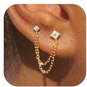 ZHESHY Ohrringe Gold Für Damen Mädchen 14k Vergoldet Doppel Ohrstecker Silber 925 Creolen Mit Kette Wasserfest Hypoallergen Zirkonia Ohrring Hängend Stecker Für Mehrere Ohrlöcher Schmuck(2 Stück)