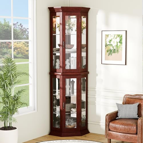 Trygoal 70 H Lighted Corner Display Cabinet, Wooden Storage Display Case with Tempered Glass Doors, Accent Cabinet with Adjustable Shelves for Living Room, Cherry