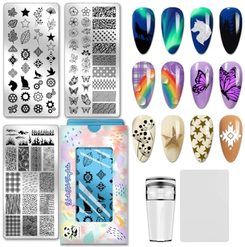 PH PandaHall 3pcs Plaque de Stamping pour Ongles Fleur Papillon Nail Stamping Plaques Fond Texturé Nail Art Modèles Géométrique Engrenage Flamme Manucure Art Pochoirs Ongles Tampon pour Manucure Salon