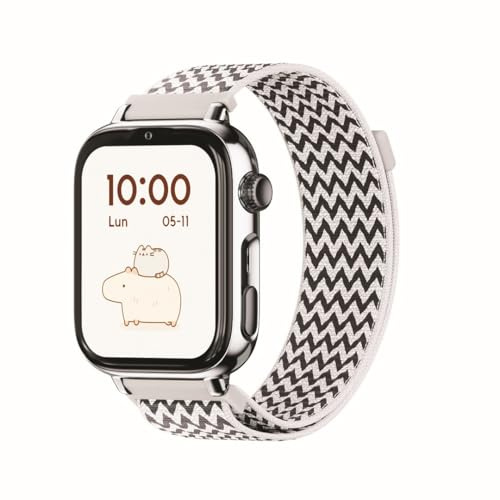 SaveFamily SaveWatch Plus 2 | Montre Connectée pour Enfant avec Localisateur GPS, Appels, Vidéo, Whatsapp, Spotify, App Store - Cadran Argenté et Bracelet en Tissu Zigzag