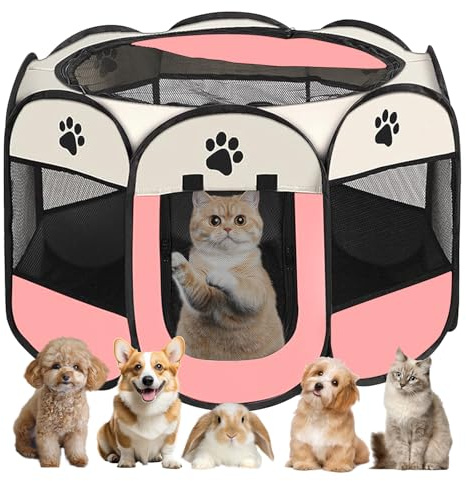 Welpenauslauf Faltbare Hundebox - 74x74x43cm Welpenlaufstall Faltbare hundezelt Katzengehege für Drinnen Outdoor Hundekäfig Kaninchen Laufstall Katze Hund Katzenzelt Kleintiergehege (Rosa)