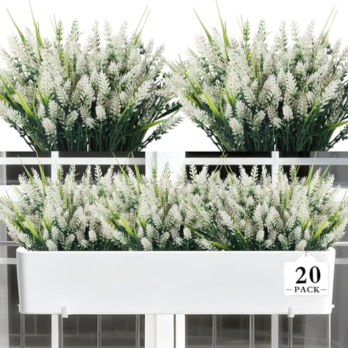 Kradeler 20 Bundles Outdoor Artificial Flowers ，Artificial Lavender Flowers Uv Resistant Plastic Faux Flowers for Garden Porch Window Patio Hanging Planter Home Decorating (White)