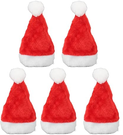 Alomejor Hunde-Weihnachtsmütze, 5-teiliges Rotes Plüsch-Weihnachtsmützen-Set mit Gummiband für Hunde, Katzen, Urlaubspartys und Fotokostüme