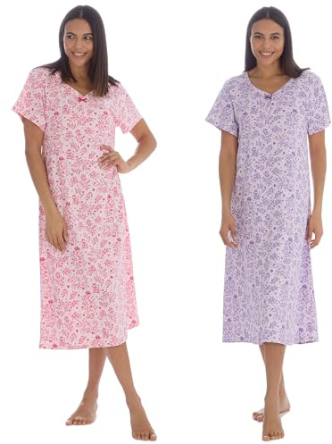 INSIGNIA Womens Pack of 2 Short Sleeve Long Pure Cotton Jersey Nightshirts Nighties (Lilac & Pink, 18-20)