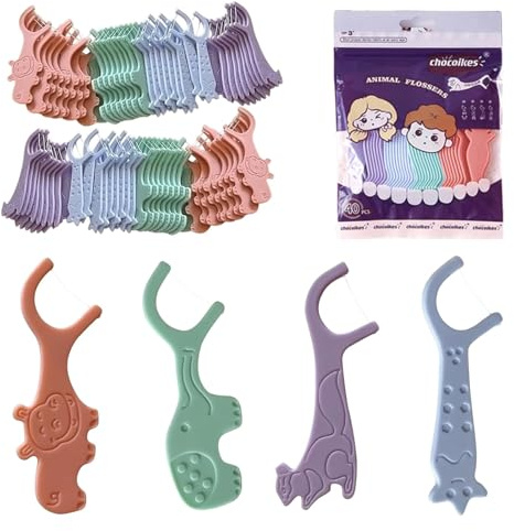 SHYSBV Filo interdentale per bambini – 80 pezzi filo interdentale Stick Kinde Dental Floss per spazi interdentali stretti, filo interdentale con 4 personaggi di animali colorati