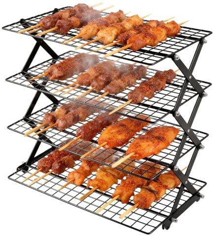 Kensbro Rejilla de enfriamiento apilable de 4 niveles, rejilla de enfriamiento para tartas, plegable, rejilla para hornear con protección contra fugas, parrilla ajustable de acero inoxidable para