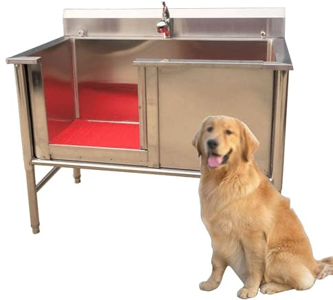 Stainless Steel Dog Bath Tub with Sliding Door, Portable Pet Grooming Station for Indoor and Outdoor Washing