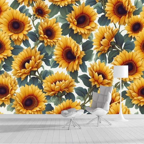 Carta Da Parati Fotografica Panorama Effetto Girasole Estivo Ad Acquerello 200X140Cm Fotomurale Murales Illustrazione Botanica Decorazione Da Parete Per Camera Da Letto Soggiorno Parete, Arancione