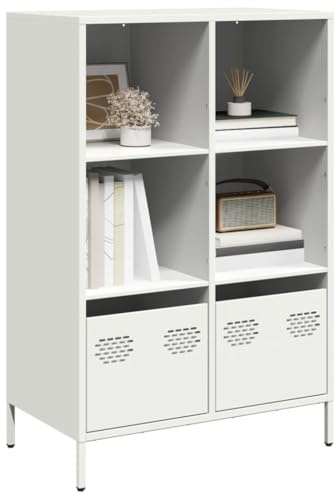 YunCangg Highboard vit av kallvalsat stål 68 x 39 x 103,5 cm med 4 fack och 2 lådor, mångsidig skänk och köksbuffé för vardagsrum och matsal