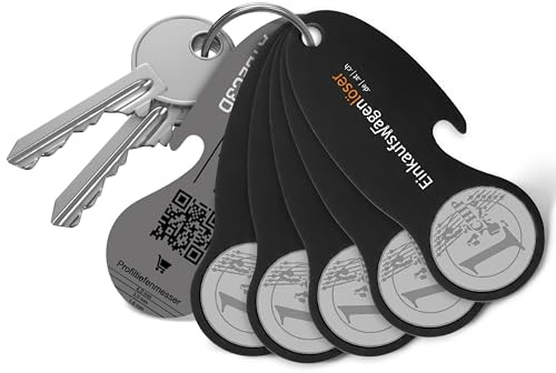 Einkaufswagenlöser Münze Schwarz – funktionaler Schlüsselanhänger mit Einkaufswagenchip, Flaschenöffner & Profiltiefenmesser – hochwertiger Einkaufschip mit Fundservice