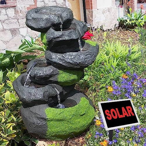 Fuente de jardín, Fuente Ornamental con iluminación, Cascada, Fuente de Agua para jardín, Estanque, terraza, Estanque, balcón, Muy Decorativa, Funciona con energía Solar híbrida