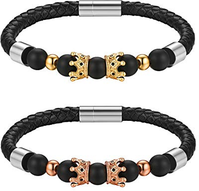 JewelryWe Paar Armband aus Leder, King & Queen Krone Crown Achat Perlen Pärchen Couple Lederarmband Armreif Manschette, Rosegold Gold Silber Schwarz