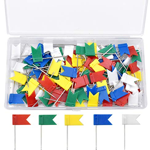 NATUCE 100 Piezas Chinchetas Banderas para Mapa Chinchetas para Corcho y Tablón, 5 Colores Variados