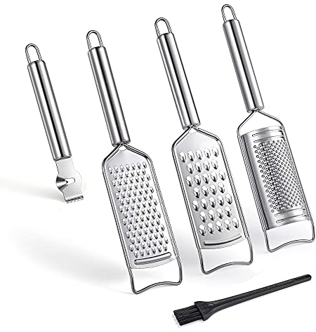 Tongjude Rallador de Queso de Acero Inoxidable, Set de 5 Ralladores de Cocina, Peladores y Cortadores, Rallador de Limón con Cepillo Limpiador para Verduras, Frutas y Chocolate